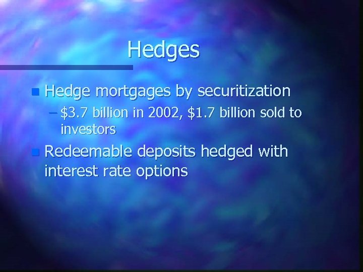 Hedges n Hedge mortgages by securitization – $3. 7 billion in 2002, $1. 7