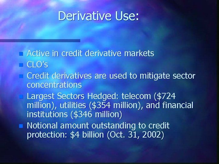 Derivative Use: n n n Active in credit derivative markets CLO’s Credit derivatives are