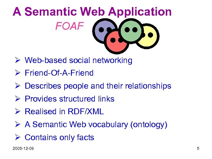 A Semantic Web Application FOAF Ø Web-based social networking Ø Friend-Of-A-Friend Ø Describes people