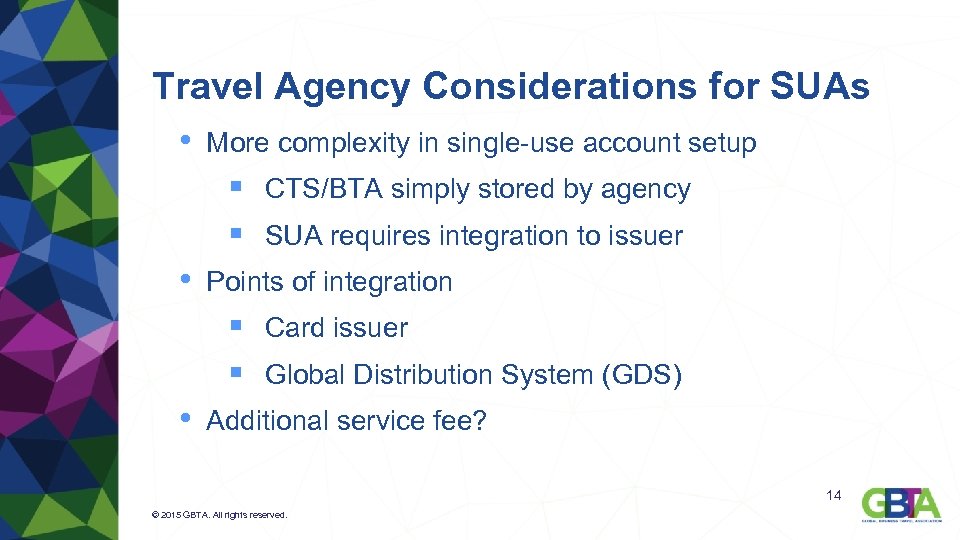 Travel Agency Considerations for SUAs • More complexity in single-use account setup § CTS/BTA