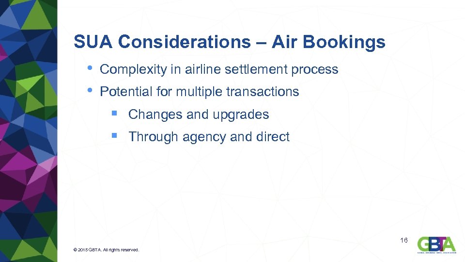 SUA Considerations – Air Bookings • Complexity in airline settlement process • Potential for