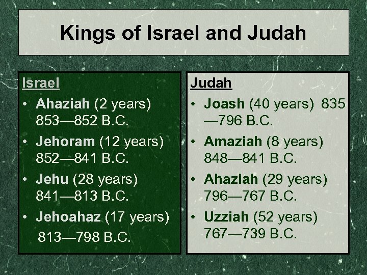 Kings of Israel and Judah Israel • Ahaziah (2 years) 853— 852 B. C.