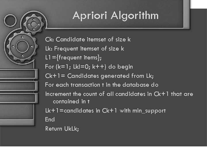 Apriori Algorithm Ck: Candidate itemset of size k Lk: Frequent itemset of size k