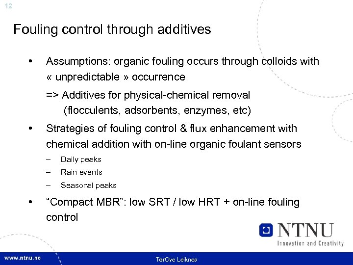 12 Fouling control through additives • Assumptions: organic fouling occurs through colloids with «