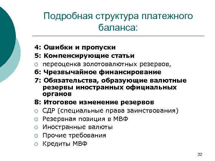 Подробная структура платежного баланса: 4: Ошибки и пропуски 5: Компенсирующие статьи ¡ переоценка золотовалютных