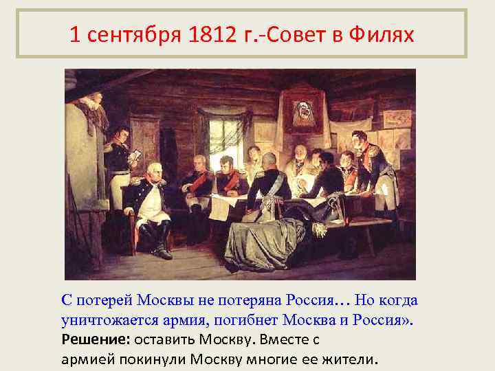 1 сентября 1812 г. -Совет в Филях С потерей Москвы не потеряна Россия… Но