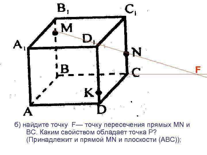 F б) найдите точку F— точку пересечения прямых МN и ВС. Каким свойством обладает