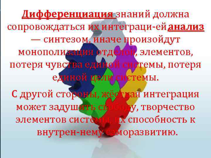 Дифференциация знаний должна сопровождаться их интеграци ей, анализ — синтезом, иначе произойдут монополизация отделов,