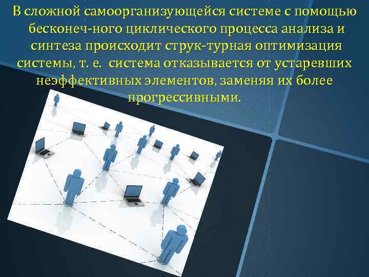 В сложной самоорганизующейся системе с помощью бесконеч ного циклического процесса анализа и синтеза происходит