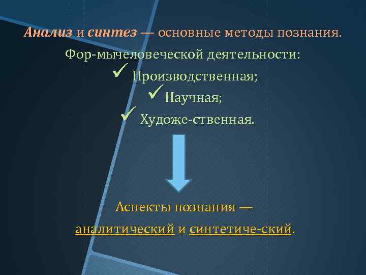 Анализ и синтез — основные методы познания. Фор мычеловеческой деятельности: ü Производственная; üНаучная; ü