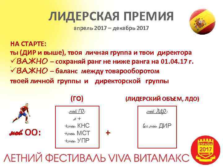 ЛИДЕРСКАЯ ПРЕМИЯ апрель 2017 – декабрь 2017 НА СТАРТЕ: ты (ДИР и выше), твоя