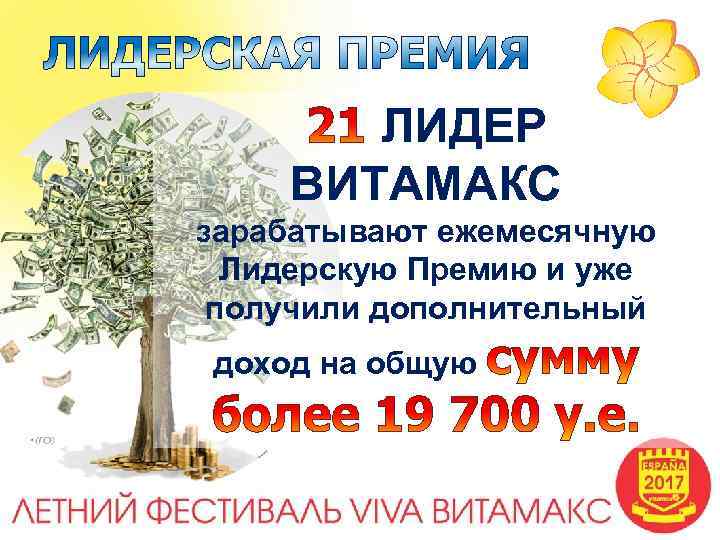 ЛИДЕР ВИТАМАКС зарабатывают ежемесячную Лидерскую Премию и уже получили дополнительный доход на общую 