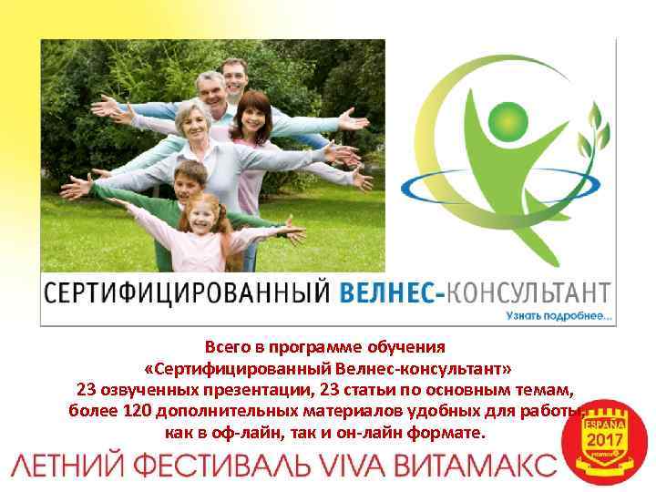 Всего в программе обучения «Сертифицированный Велнес-консультант» 23 озвученных презентации, 23 статьи по основным темам,