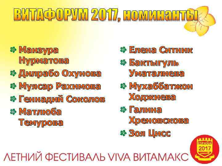 ВИТАФОРУМ 2017, номинанты Манзура Нурматова Дилрабо Охунова Муясар Рахимова Геннадий Соколов Матлюба Темурова Елена
