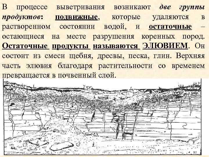 В процессе выветривания возникают две группы продуктов: подвижные, которые удаляются в растворенном состоянии водой,