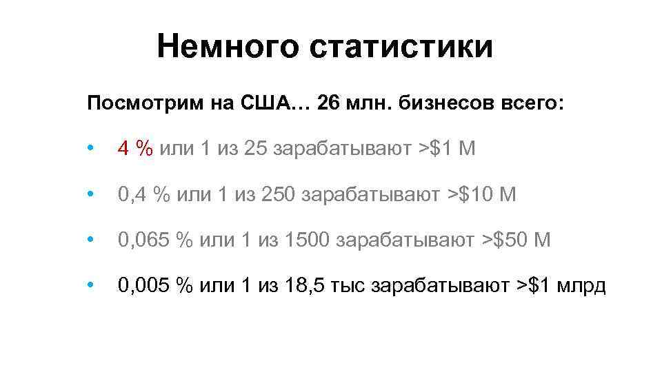 Немного статистики Посмотрим на США… 26 млн. бизнесов всего: • 4 % или 1