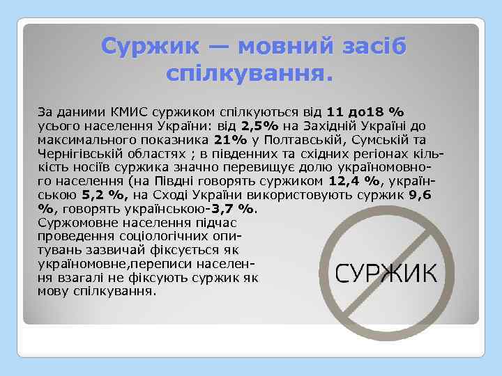  Суржик — мовний засіб спілкування. За даними КМИС суржиком спілкуються від 11 до