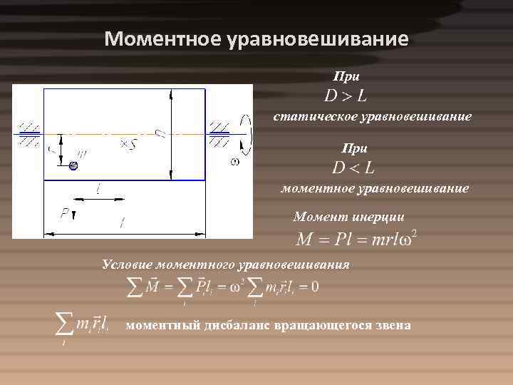 Моментное уравновешивание При статическое уравновешивание При моментное уравновешивание Момент инерции Условие моментного уравновешивания моментный