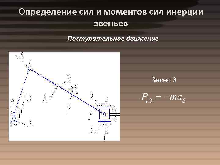 Определение сил и моментов сил инерции звеньев Поступательное движение Звено 3 