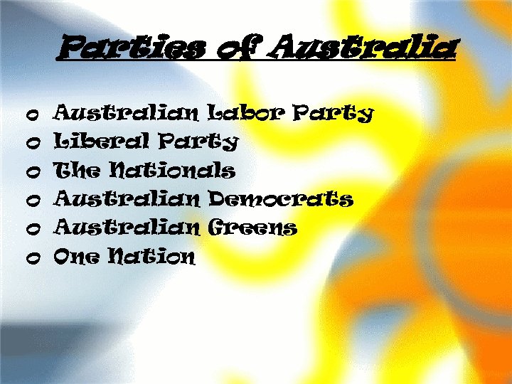 Parties of Australia o Australian Labor Party o o o Liberal Party The Nationals