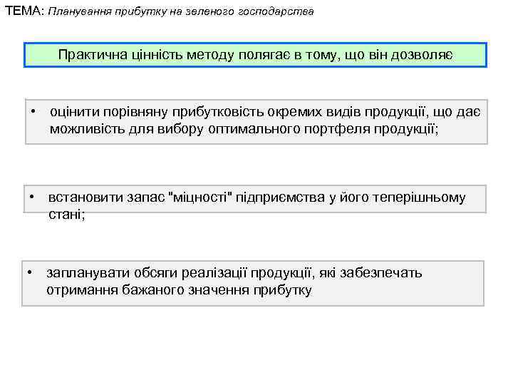 ТЕМА: Планування прибутку на зеленого господарства Практична цінність методу полягає в тому, що він