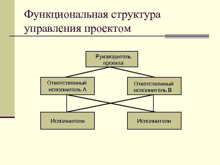 Функциональная структура управления проектом Руководитель проекта Ответственный исполнитель А Ответственный исполнитель В Исполнители 