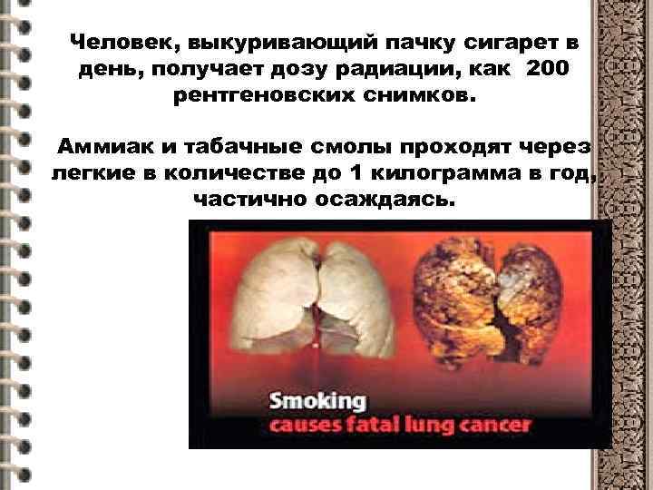 Человек, выкуривающий пачку сигарет в день, получает дозу радиации, как 200 рентгеновских снимков. Аммиак