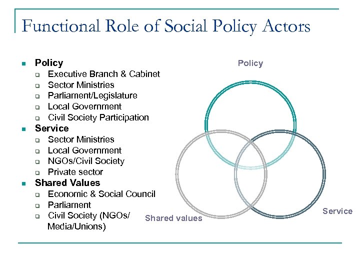 Functional Role of Social Policy Actors n Policy q q q n Executive Branch