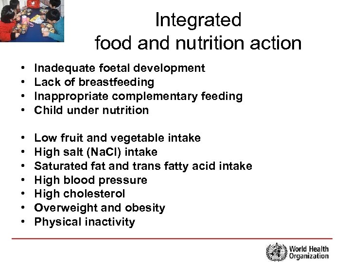 Integrated food and nutrition action • • Inadequate foetal development Lack of breastfeeding Inappropriate