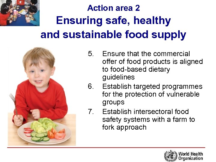 Action area 2 Ensuring safe, healthy and sustainable food supply 5. 6. 7. Ensure
