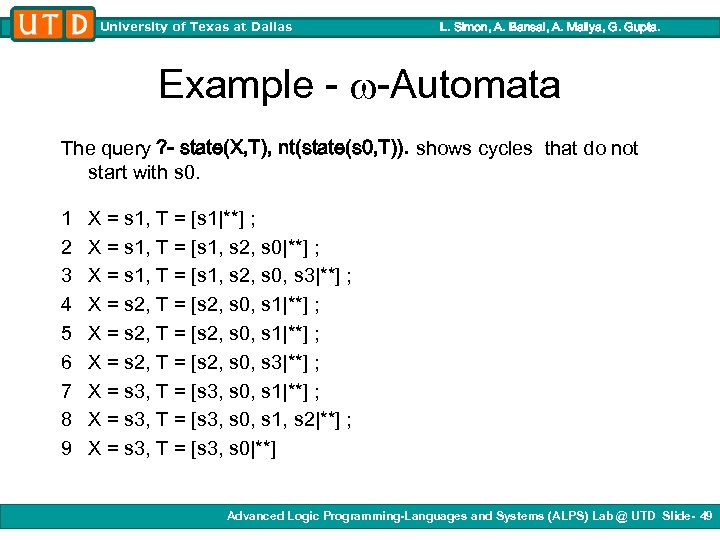 University of Texas at Dallas L. Simon, A. Bansal, A. Mallya, G. Gupta. Example