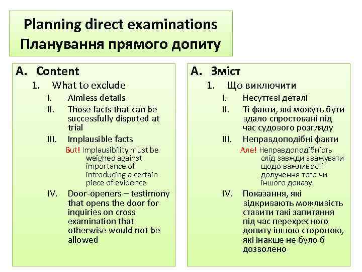 Planning direct examinations Планування прямого допиту A. Content 1. What to exclude I. II.
