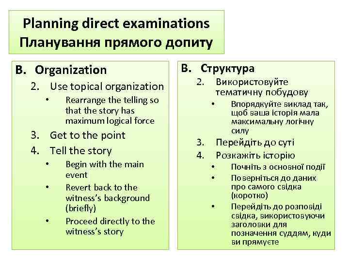Planning direct examinations Планування прямого допиту B. Organization 2. Use topical organization • •