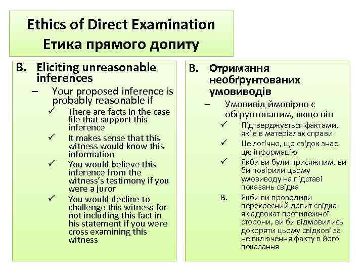 Ethics of Direct Examination Етика прямого допиту B. Eliciting unreasonable inferences – Your proposed
