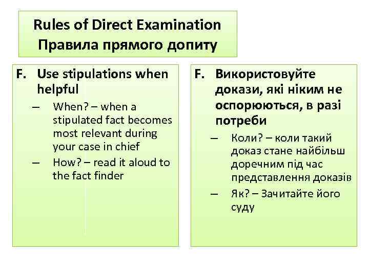 Rules of Direct Examination Правила прямого допиту F. Use stipulations when helpful – –