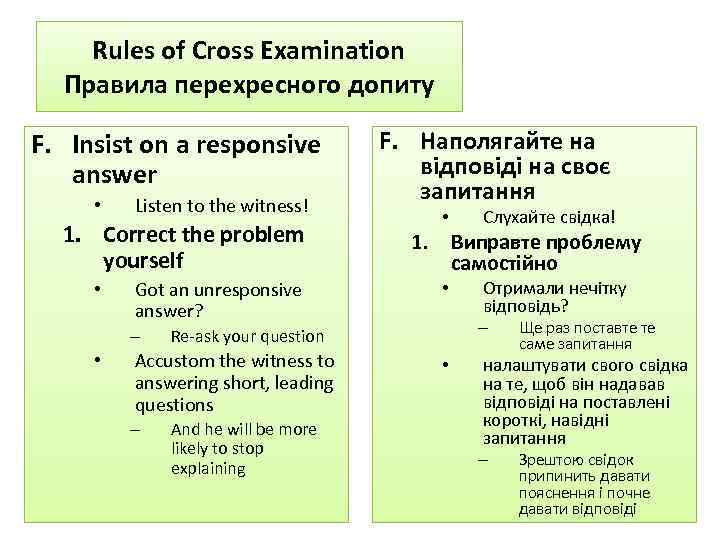 Rules of Cross Examination Правила перехресного допиту F. Insist on a responsive answer •