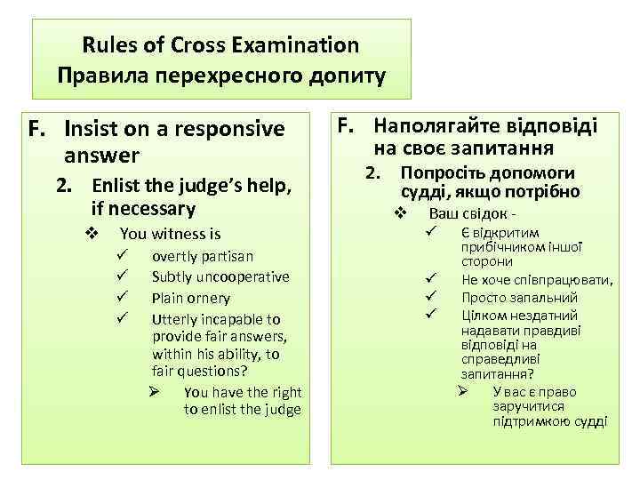 Rules of Cross Examination Правила перехресного допиту F. Insist on a responsive answer 2.