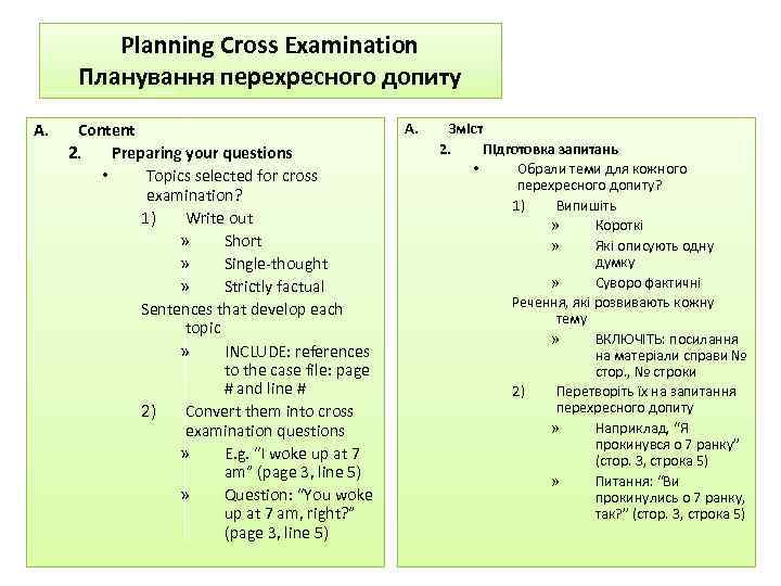 Planning Cross Examination Планування перехресного допиту A. Content 2. Preparing your questions • Topics
