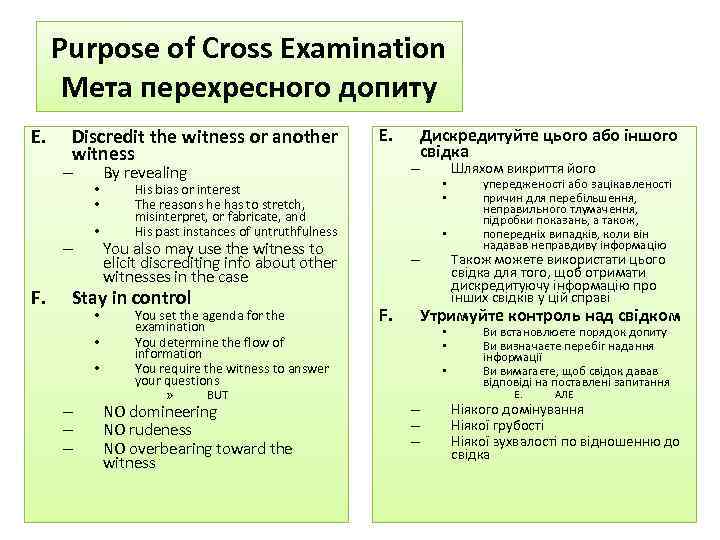 Purpose of Cross Examination Мета перехресного допиту E. Discredit the witness or another witness