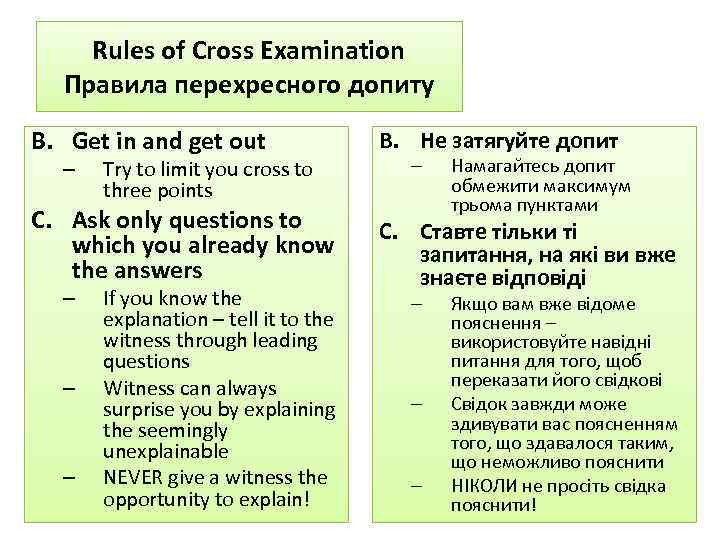 Rules of Cross Examination Правила перехресного допиту B. Get in and get out B.