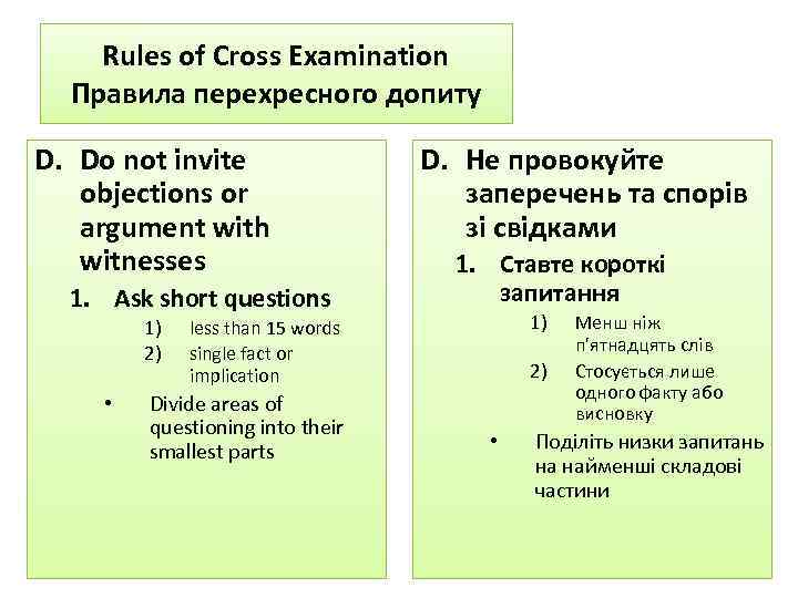 Rules of Cross Examination Правила перехресного допиту D. Do not invite objections or argument