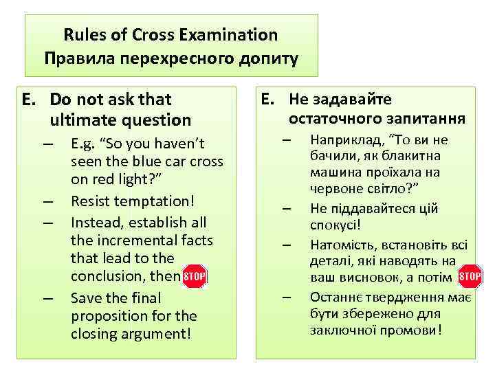 Rules of Cross Examination Правила перехресного допиту E. Do not ask that ultimate question