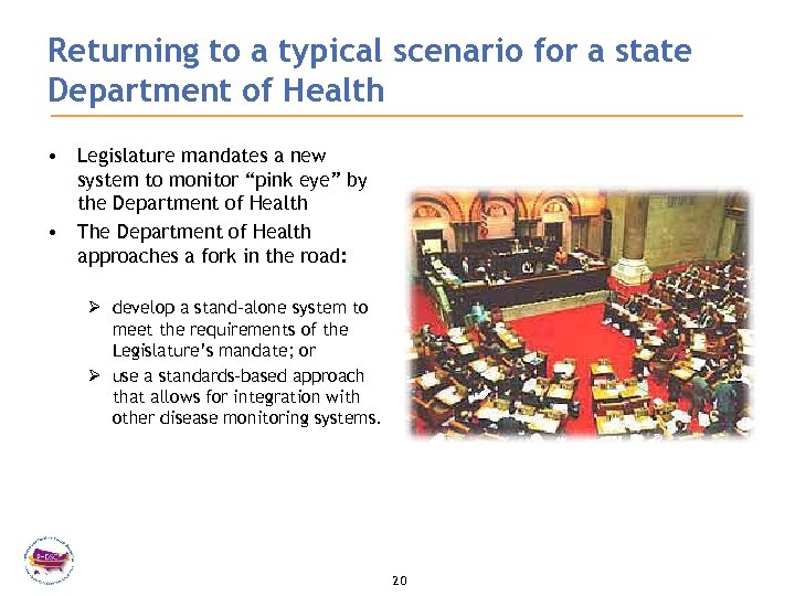 Returning to a typical scenario for a state Department of Health • Legislature mandates