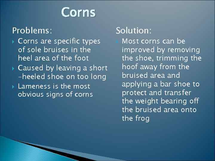 Corns Problems: Solution: Corns are specific types of sole bruises in the heel area