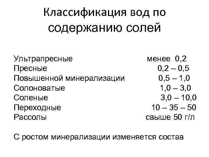 Классификация вод по содержанию солей Ультрапресные Повышенной минерализации Солоноватые Соленые Переходные Рассолы менее 0,