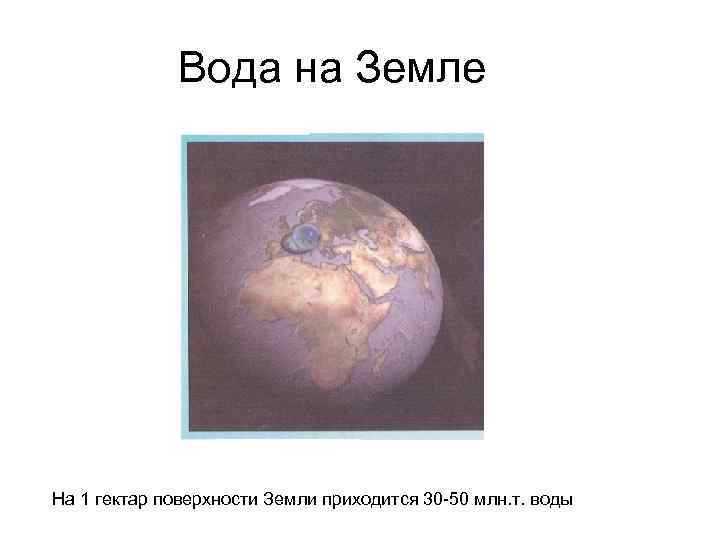 Вода на Земле На 1 гектар поверхности Земли приходится 30 -50 млн. т. воды