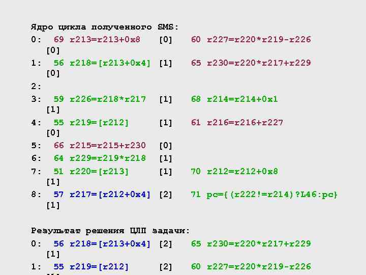 Ядро цикла полученного 0: 69 r 213=r 213+0 x 8 [0] 1: 56 r