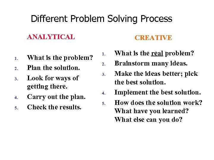 Different Problem Solving Process ANALYTICAL 1. 2. 3. 4. 5. What is the problem?
