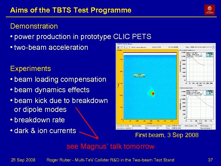 Aims of the TBTS Test Programme Demonstration • power production in prototype CLIC PETS