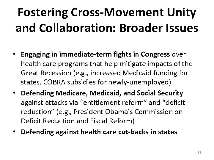 Fostering Cross-Movement Unity and Collaboration: Broader Issues • Engaging in immediate-term fights in Congress